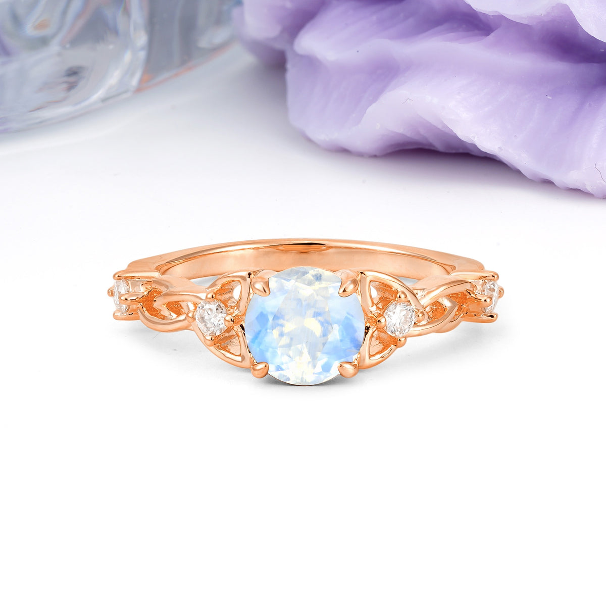 Nature-Inspired Luxury: Openwork 4-Prong Round Cut Moonstone Engagement Ring - Additional view