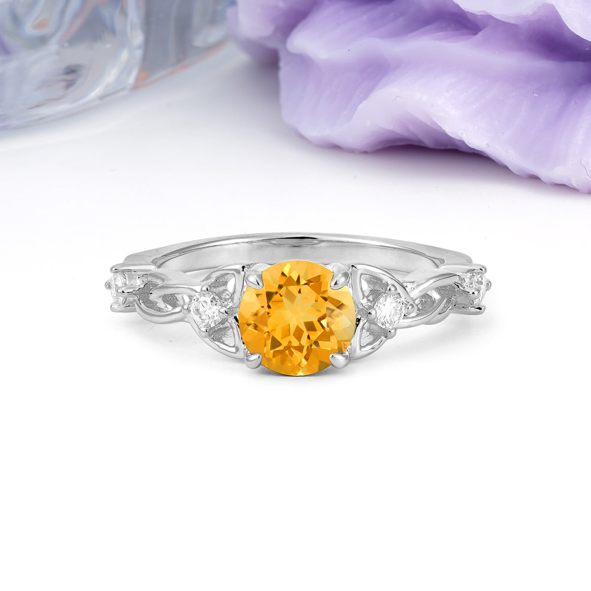 Nature-Inspired Luxury: Openwork 4-Prong Round Cut Citrine Engagement Ring - Additional view