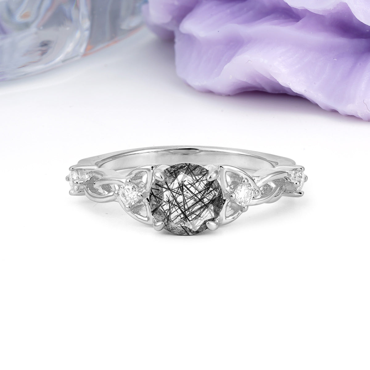Nature-Inspired Luxury: Openwork 4-Prong Round Cut Black Rutilated Quartz Engagement Ring - Additional view