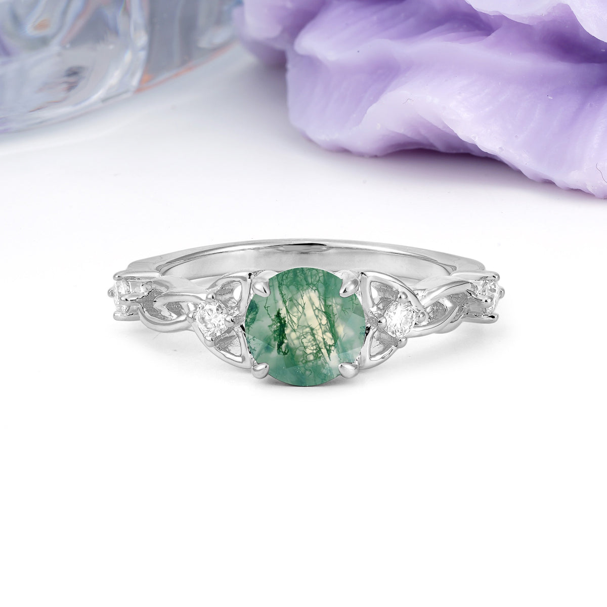 Nature-Inspired Luxury: Openwork 4-Prong Round Cut Moss Agate Engagement Ring - Additional view