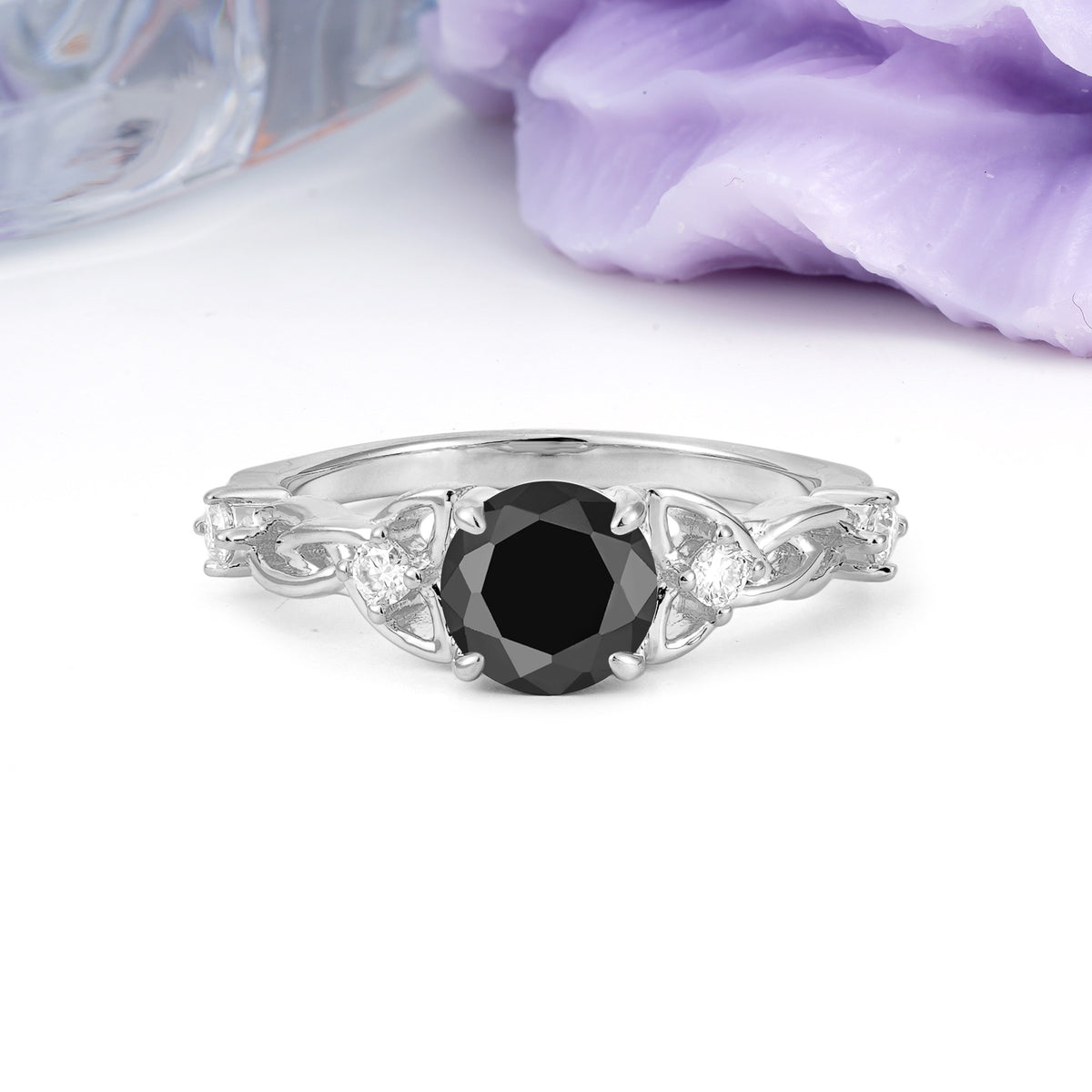 Nature-Inspired Luxury: Openwork 4-Prong Round Cut Black Onyx Engagement Ring - Additional view