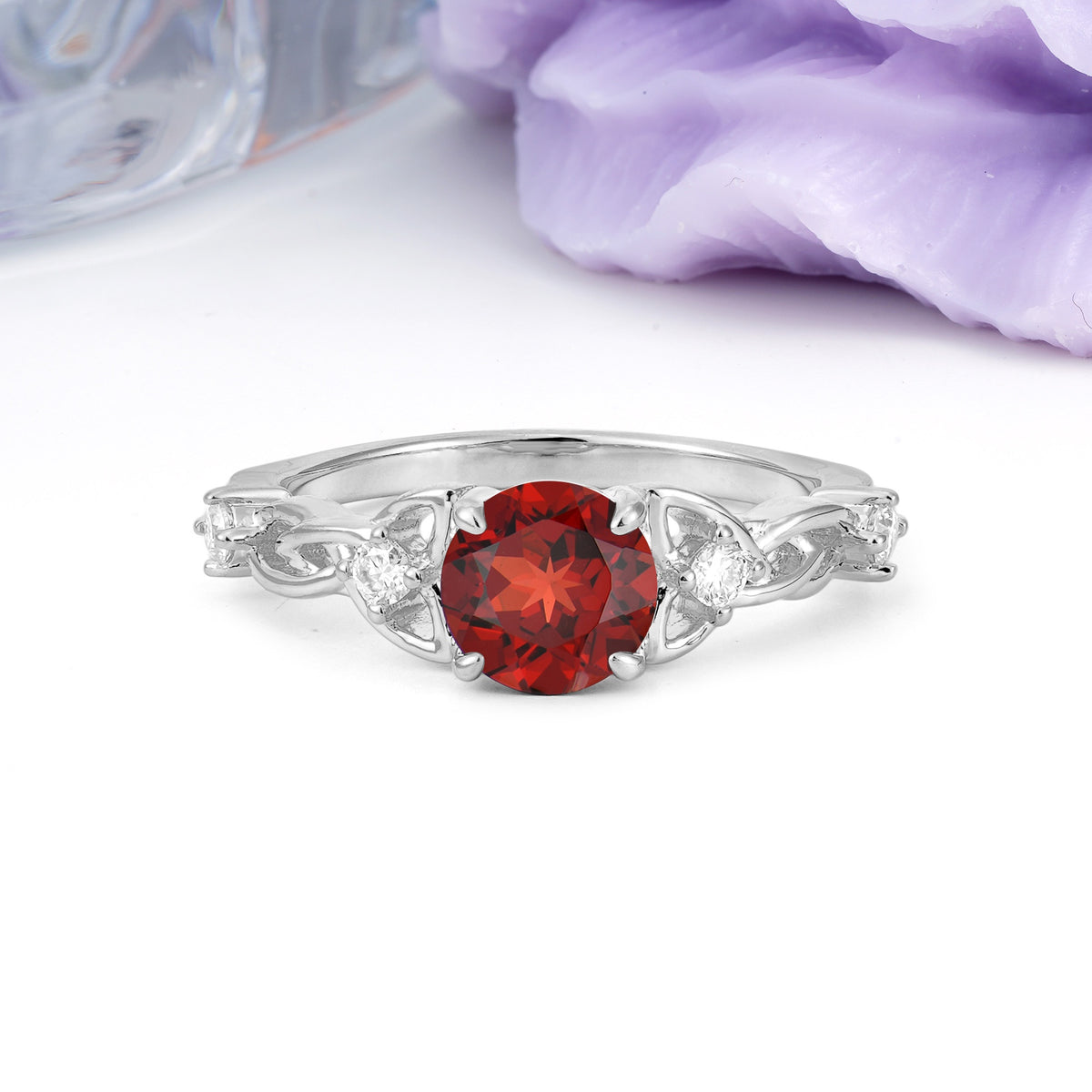 Nature-Inspired Luxury: Openwork 4-Prong Round Cut Garnet Engagement Ring - Additional view