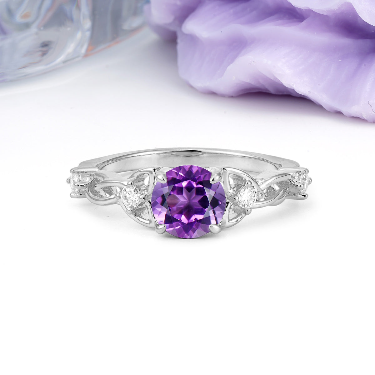 Nature-Inspired Luxury: Openwork 4-Prong Round Cut Amethyst Engagement Ring - Additional view