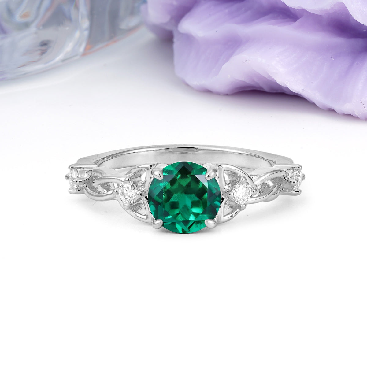 Nature-Inspired Luxury: Openwork 4-Prong Round Cut Emerald Engagement Ring - Additional view