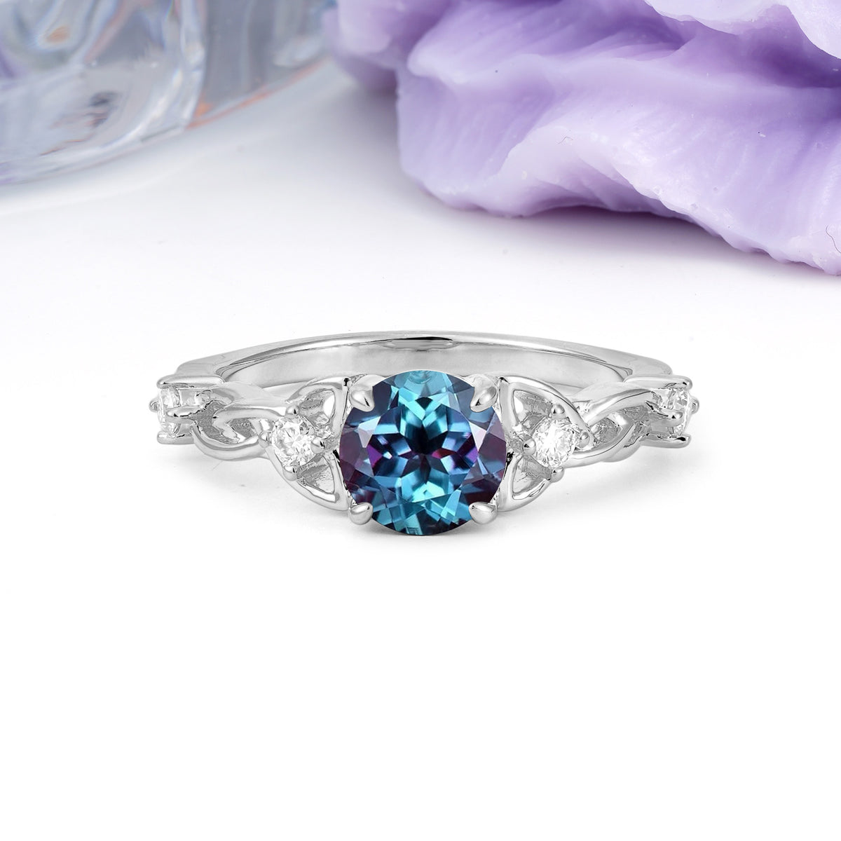 Nature-Inspired Luxury: Openwork 4-Prong Round Cut Alexandrite Engagement Ring - Additional view