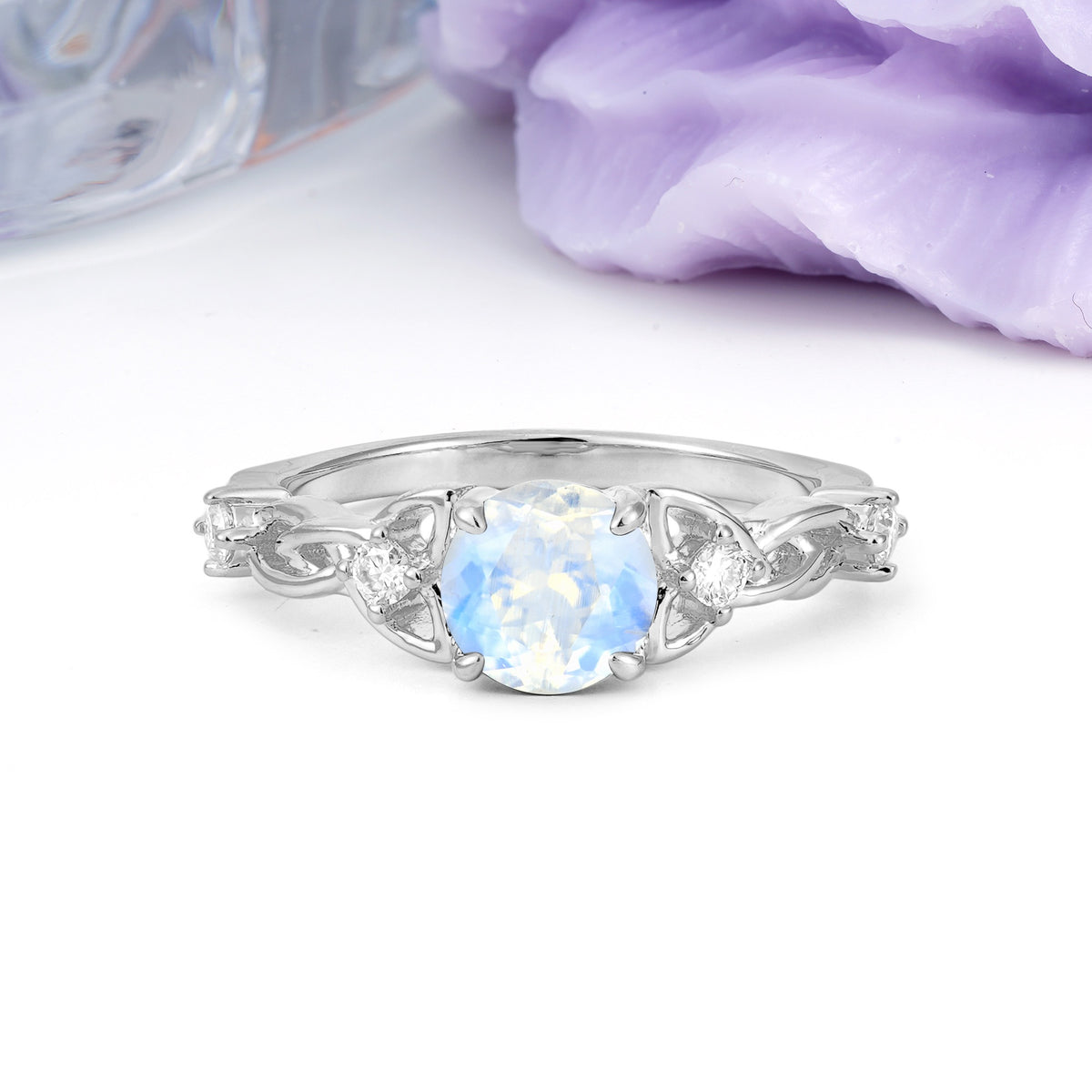 Nature-Inspired Luxury: Openwork 4-Prong Round Cut Moonstone Engagement Ring - Additional view