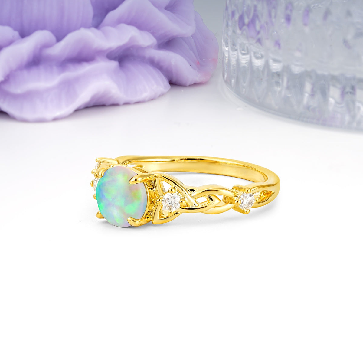 Nature-Inspired Luxury: Openwork 4-Prong Round Cut Fire Opal Engagement Ring - Additional view