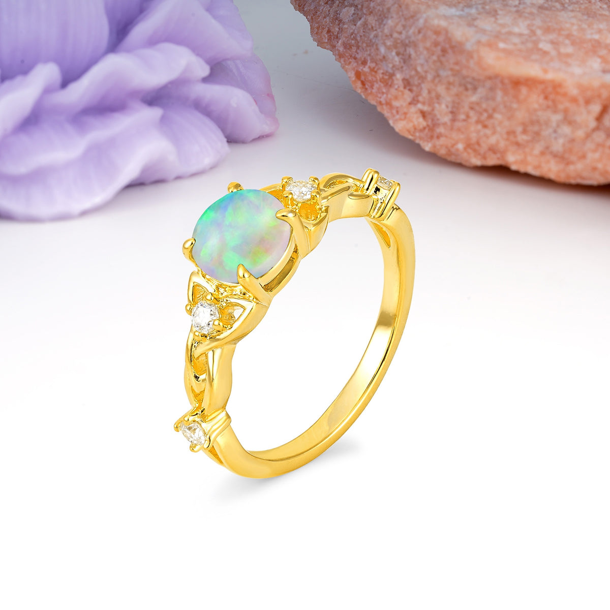 Nature-Inspired Luxury: Openwork 4-Prong Round Cut Fire Opal Engagement Ring - Additional view