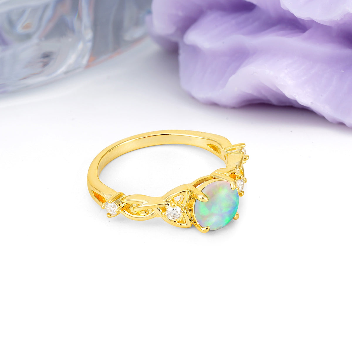 Nature-Inspired Luxury: Openwork 4-Prong Round Cut Fire Opal Engagement Ring - Additional view