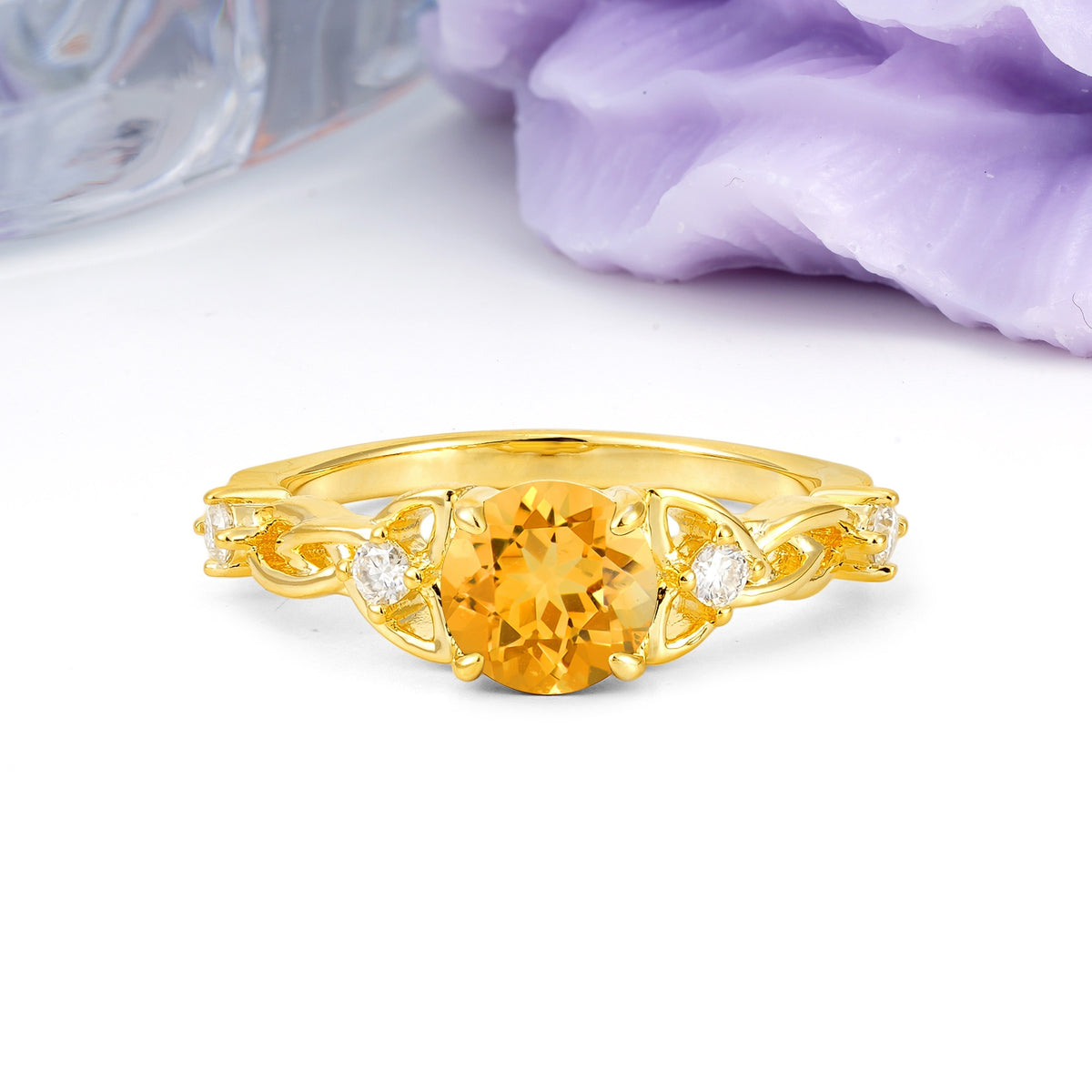 Nature-Inspired Luxury: Openwork 4-Prong Round Cut Citrine Engagement Ring - Additional view