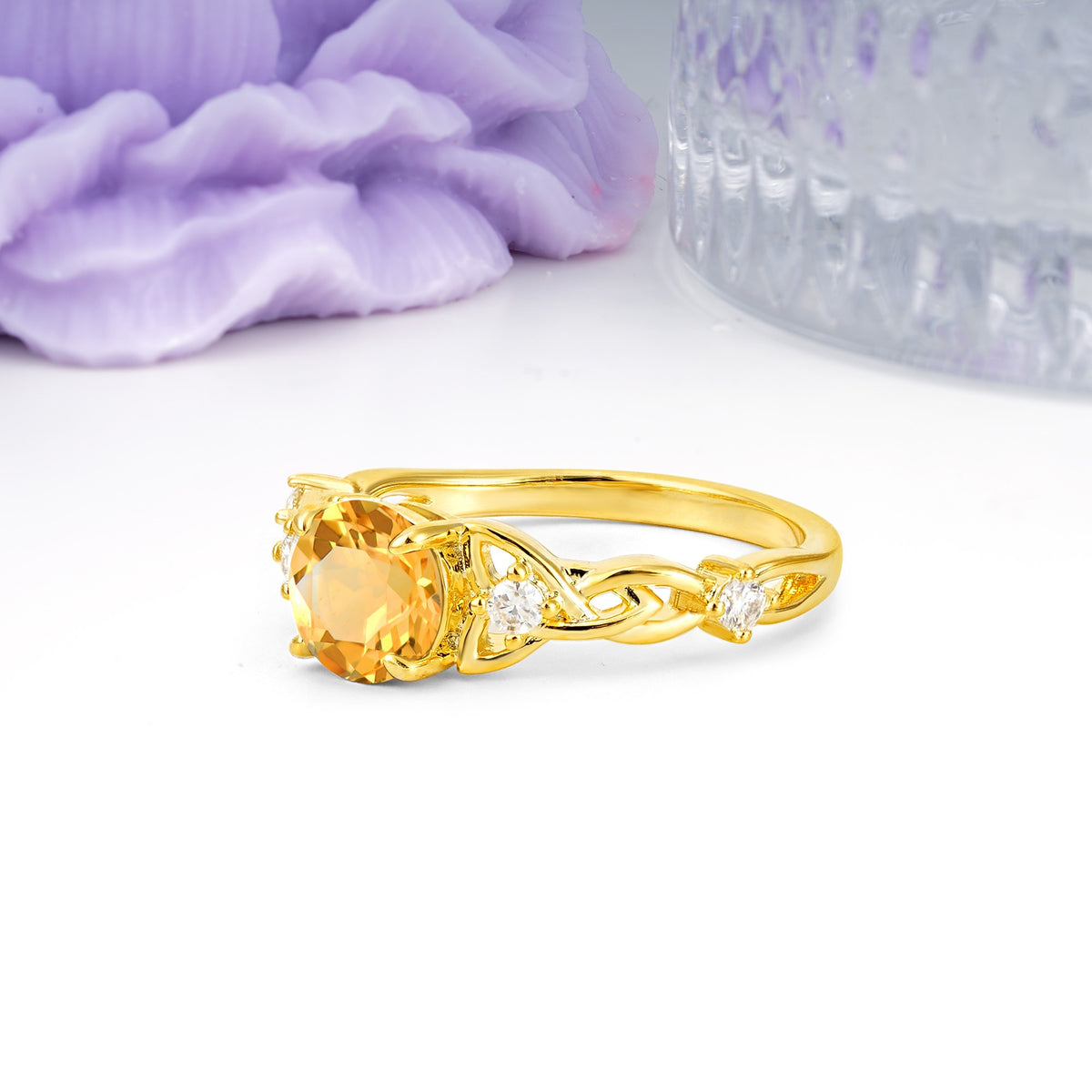 Nature-Inspired Luxury: Openwork 4-Prong Round Cut Citrine Engagement Ring - Additional view