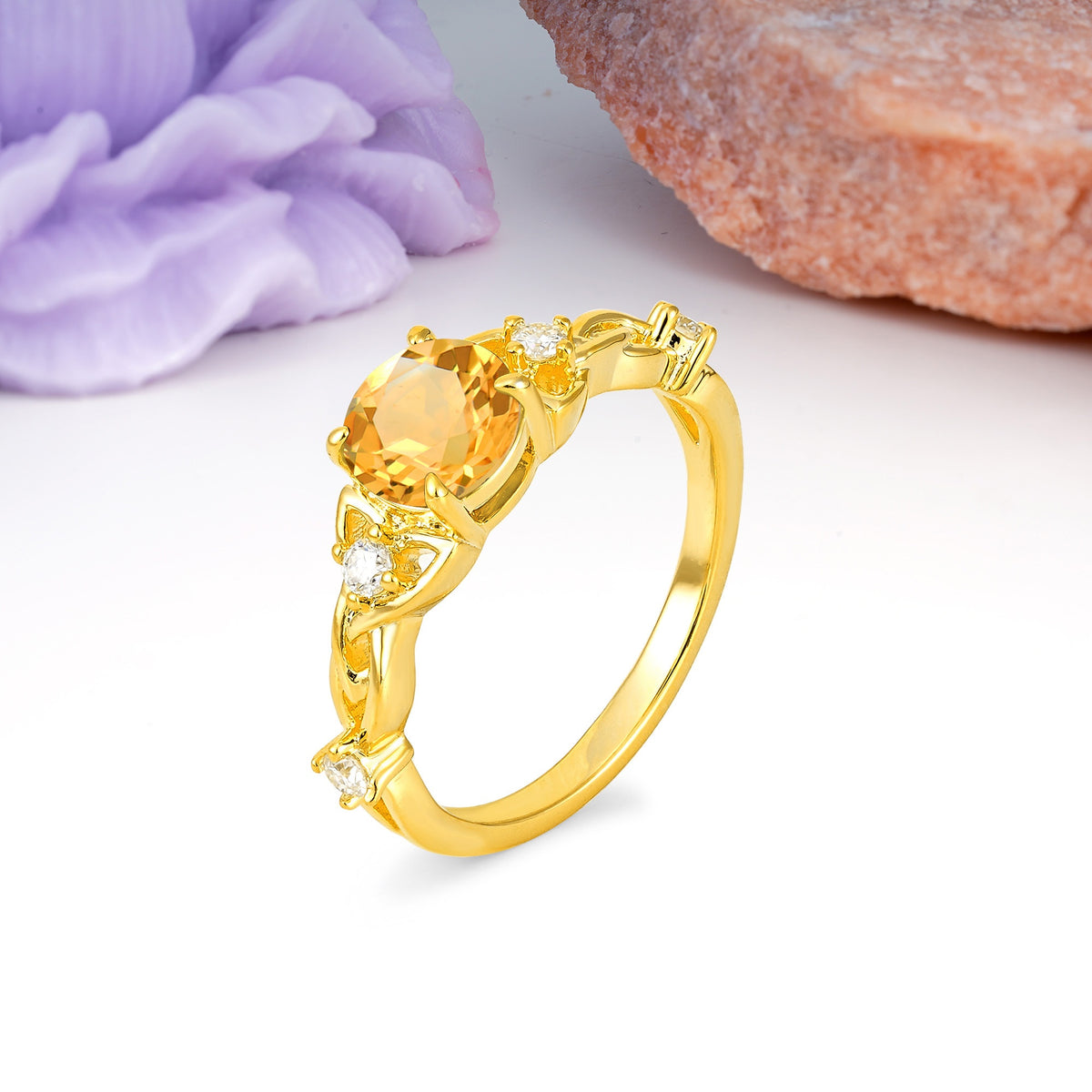Nature-Inspired Luxury: Openwork 4-Prong Round Cut Citrine Engagement Ring - Additional view