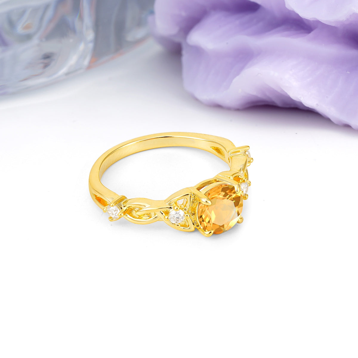 Nature-Inspired Luxury: Openwork 4-Prong Round Cut Citrine Engagement Ring - Additional view