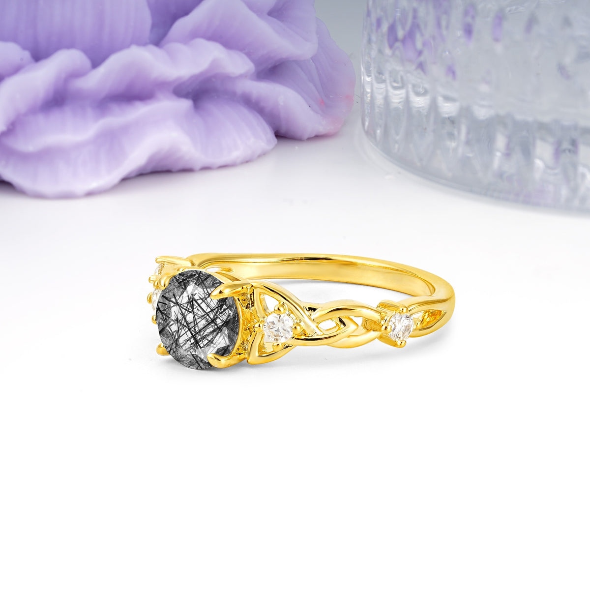 Nature-Inspired Luxury: Openwork 4-Prong Round Cut Black Rutilated Quartz Engagement Ring - Additional view