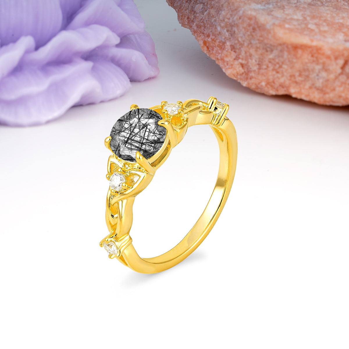 Nature-Inspired Luxury: Openwork 4-Prong Round Cut Black Rutilated Quartz Engagement Ring - Additional view