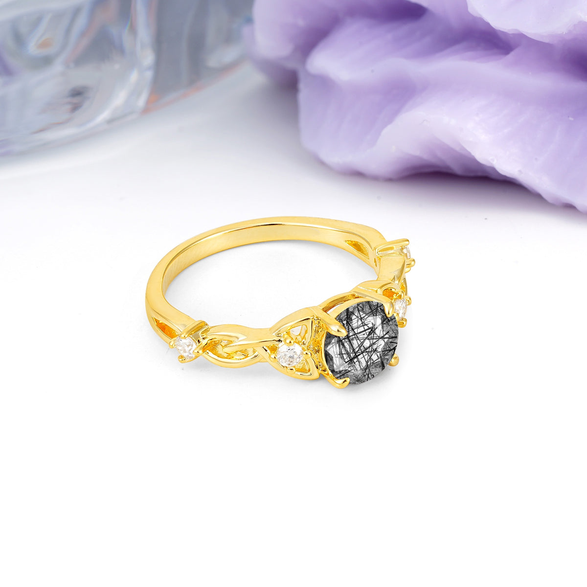 Nature-Inspired Luxury: Openwork 4-Prong Round Cut Black Rutilated Quartz Engagement Ring - Additional view