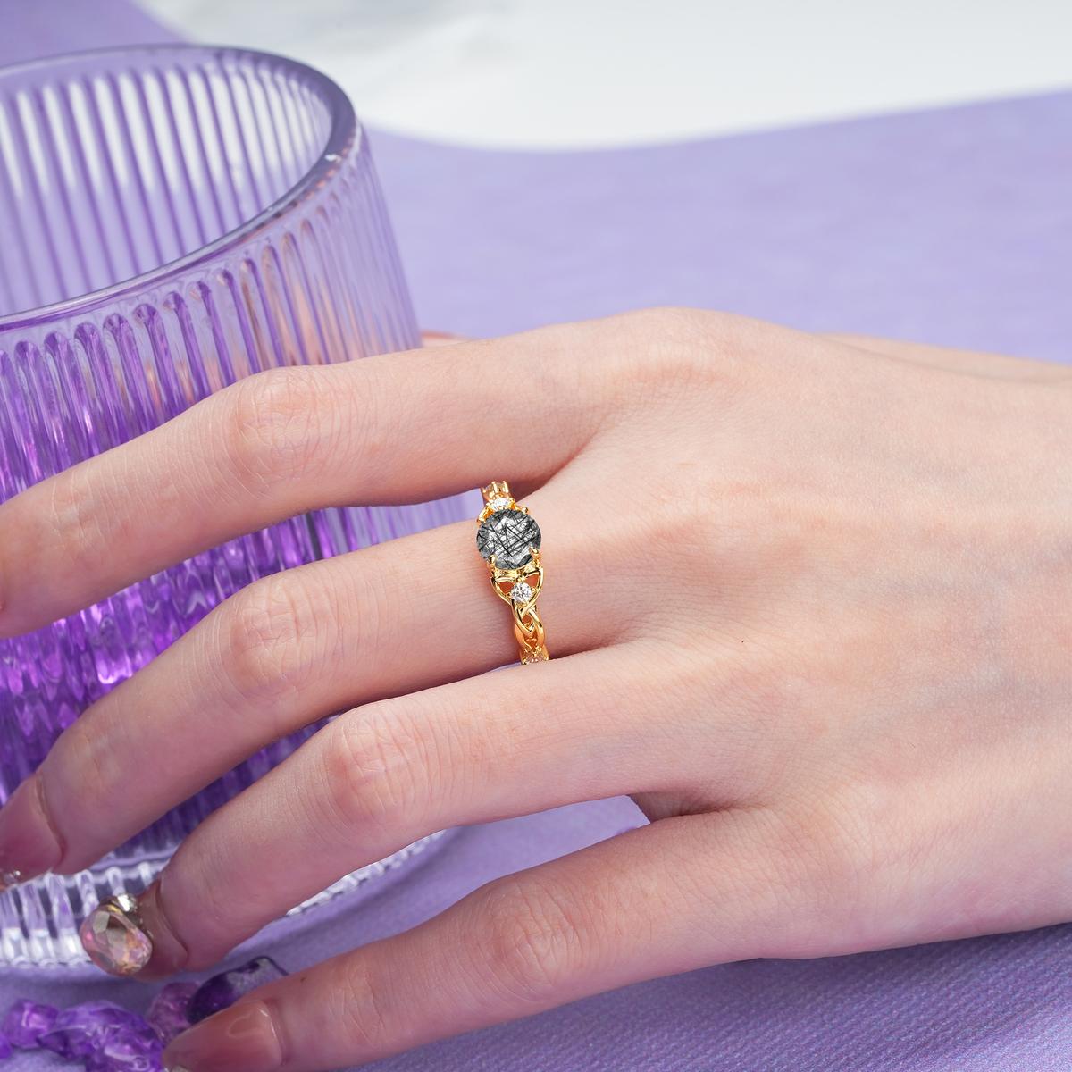 Nature-Inspired Luxury: Openwork 4-Prong Round Cut Black Rutilated Quartz Engagement Ring