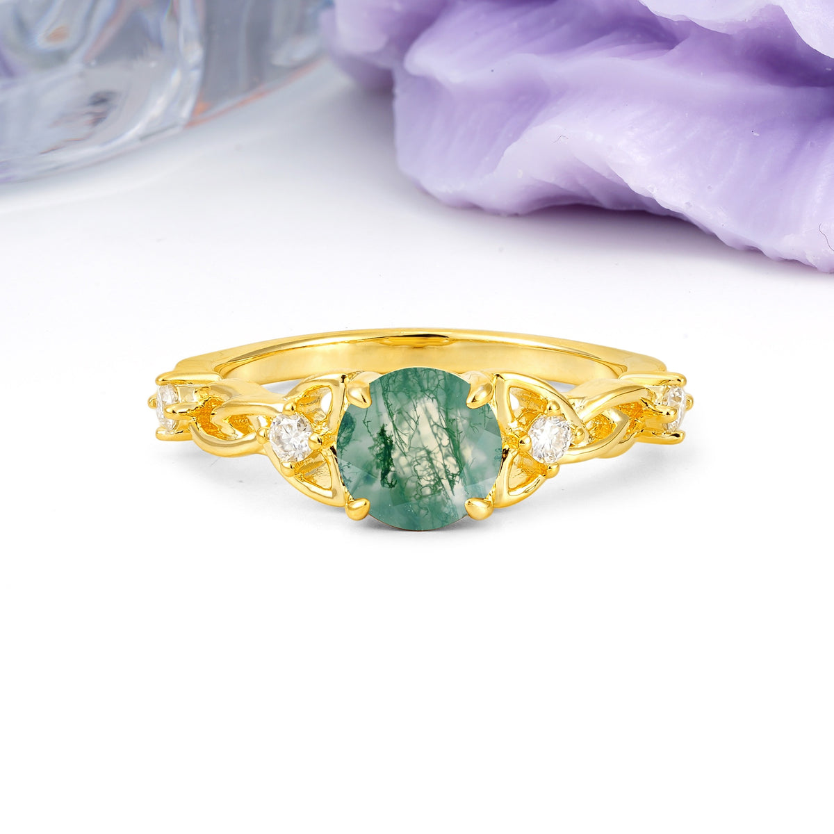 Nature-Inspired Luxury: Openwork 4-Prong Round Cut Moss Agate Engagement Ring - Additional view