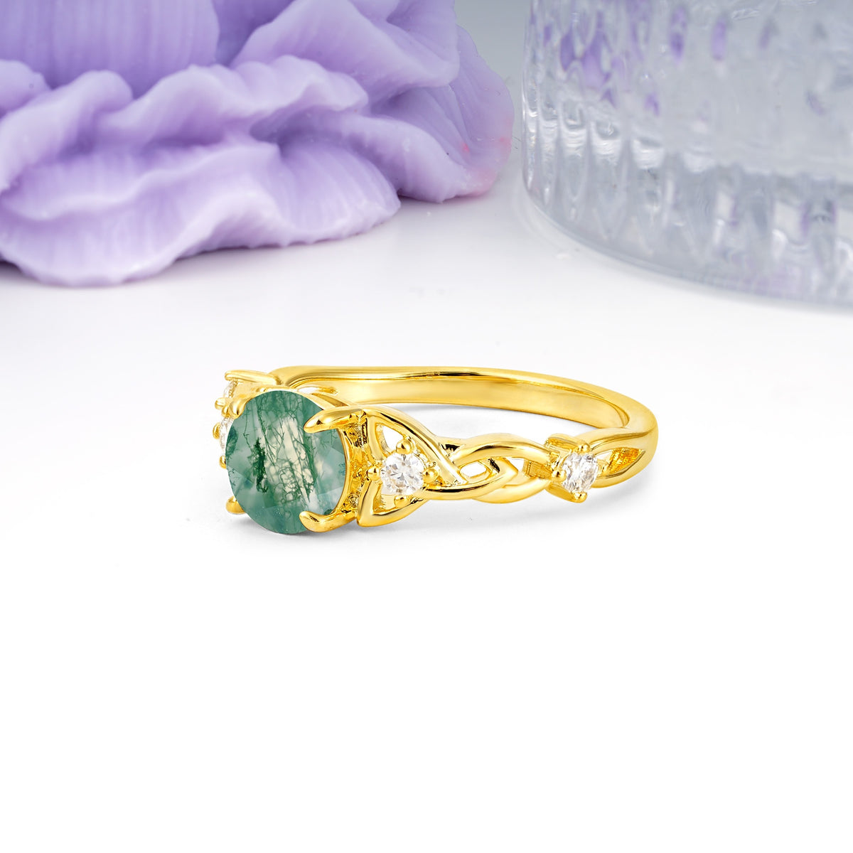 Nature-Inspired Luxury: Openwork 4-Prong Round Cut Moss Agate Engagement Ring - Additional view