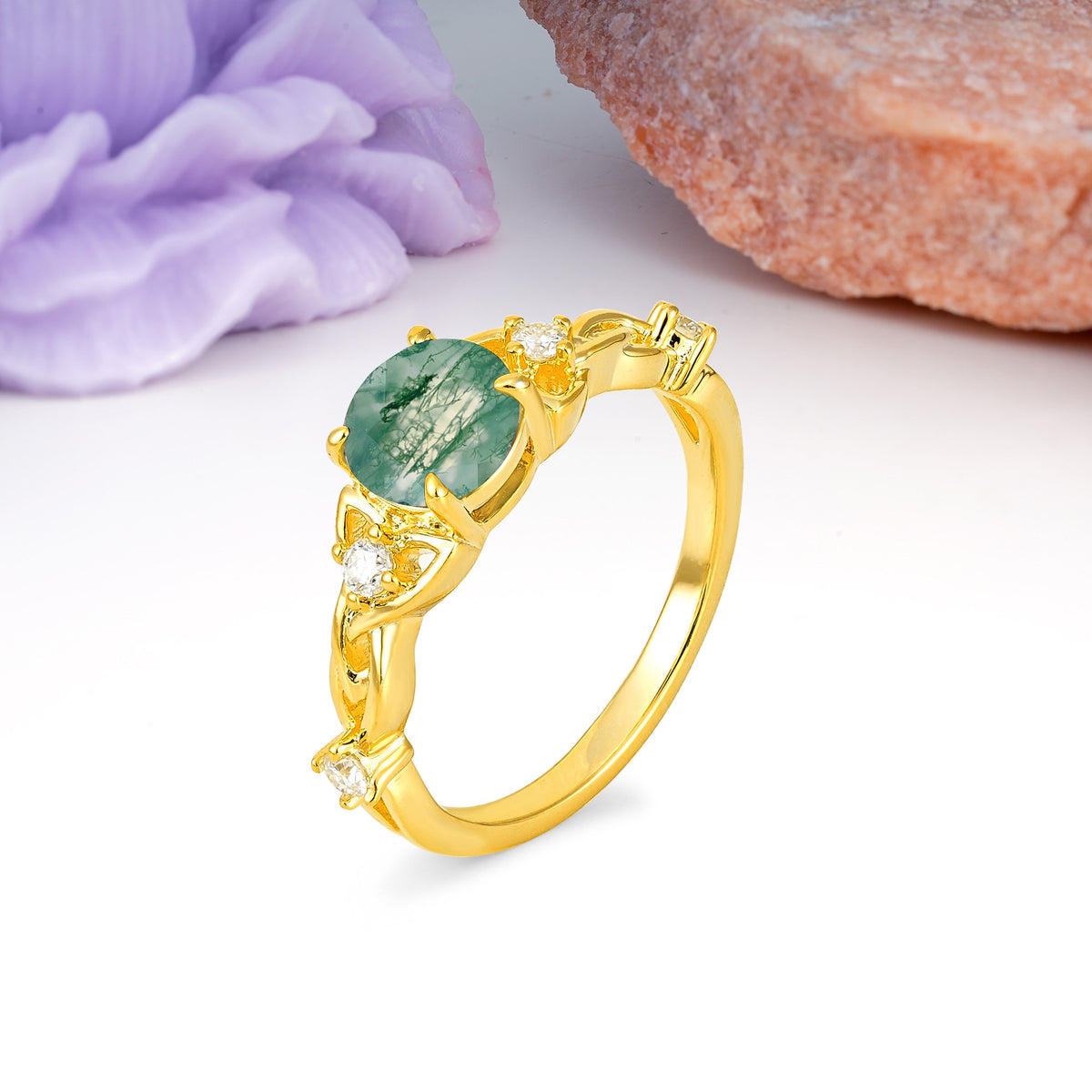 Nature-Inspired Luxury: Openwork 4-Prong Round Cut Moss Agate Engagement Ring - Additional view