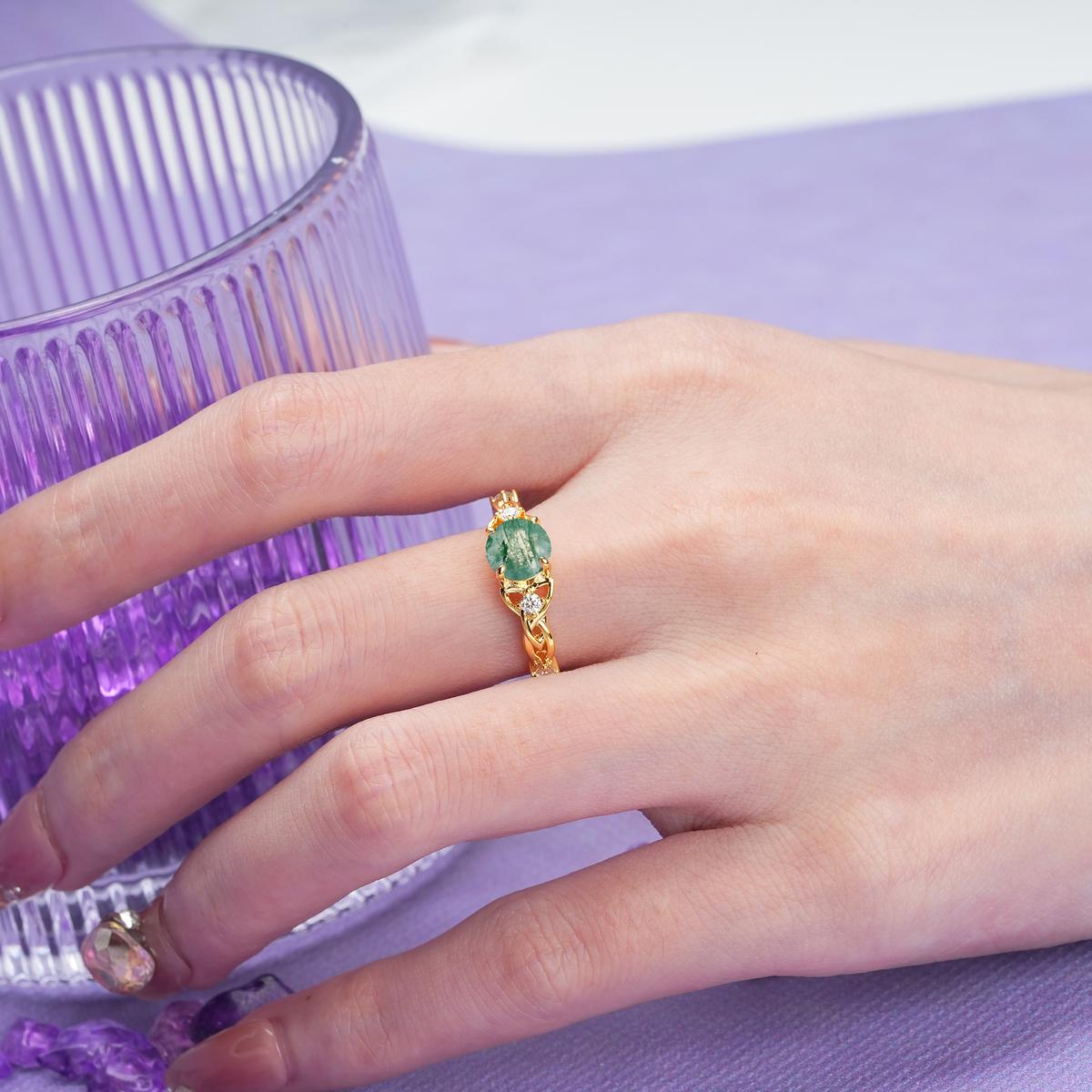 Nature-Inspired Luxury: Openwork 4-Prong Round Cut Moss Agate Engagement Ring