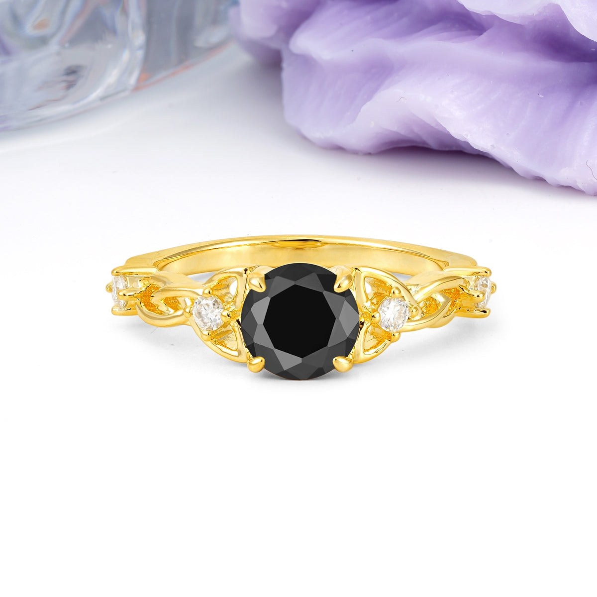 Nature-Inspired Luxury: Openwork 4-Prong Round Cut Black Onyx Engagement Ring - Additional view