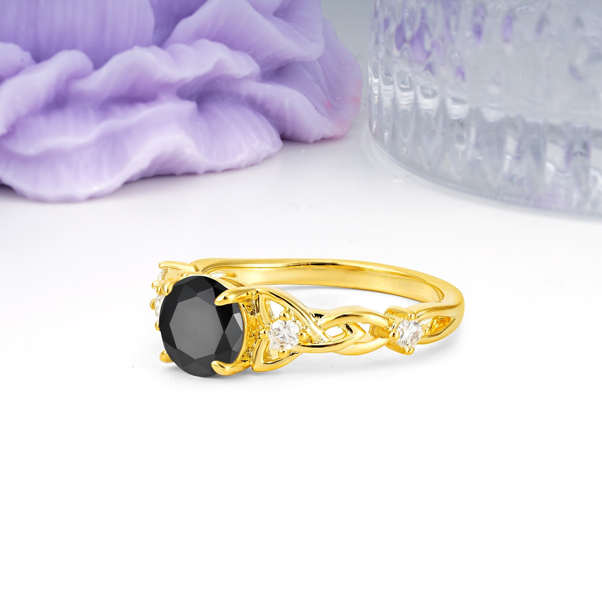 Nature-Inspired Luxury: Openwork 4-Prong Round Cut Black Onyx Engagement Ring - Additional view