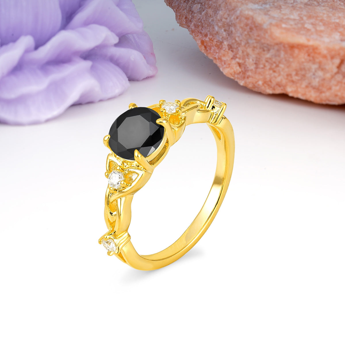 Nature-Inspired Luxury: Openwork 4-Prong Round Cut Black Onyx Engagement Ring - Additional view