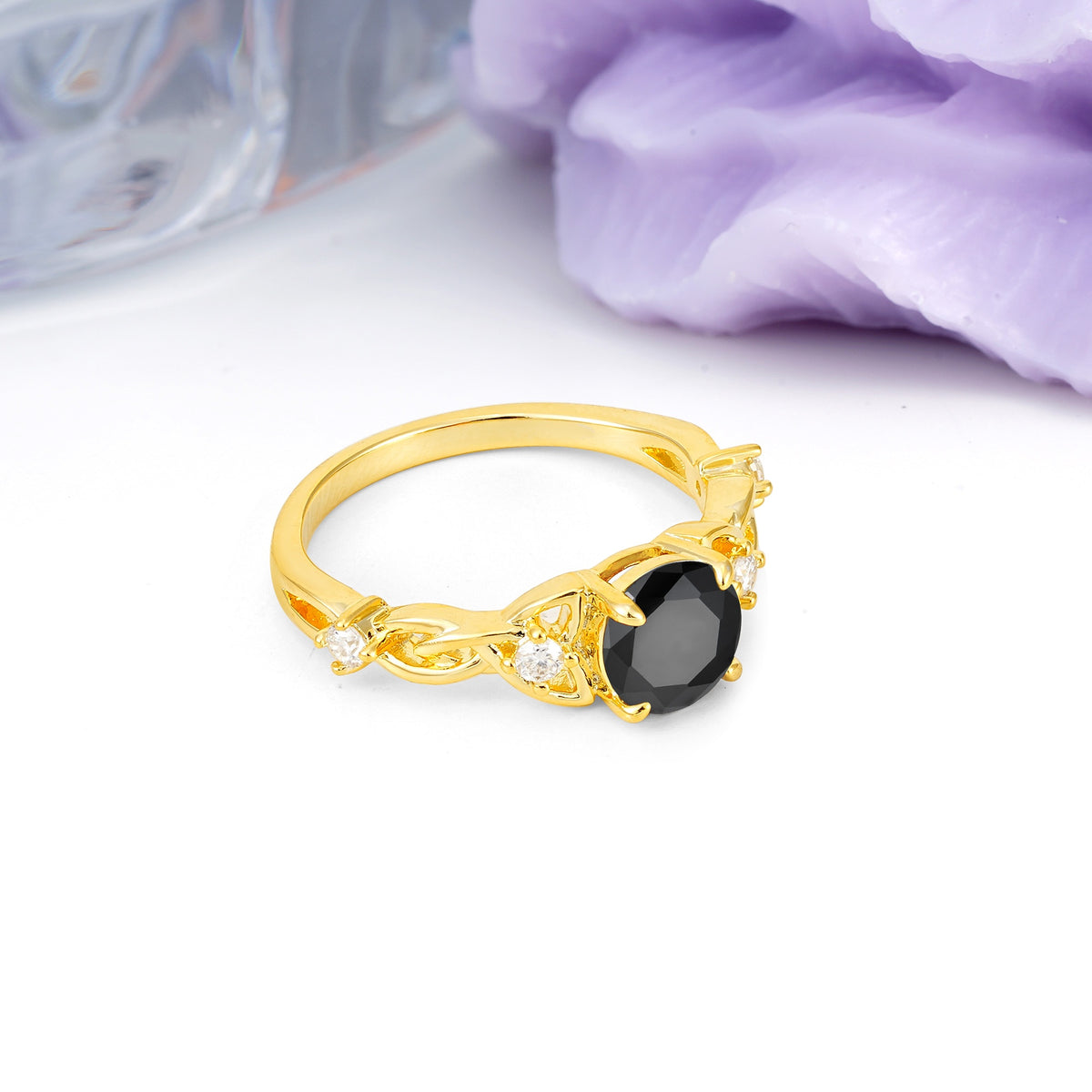 Nature-Inspired Luxury: Openwork 4-Prong Round Cut Black Onyx Engagement Ring - Additional view