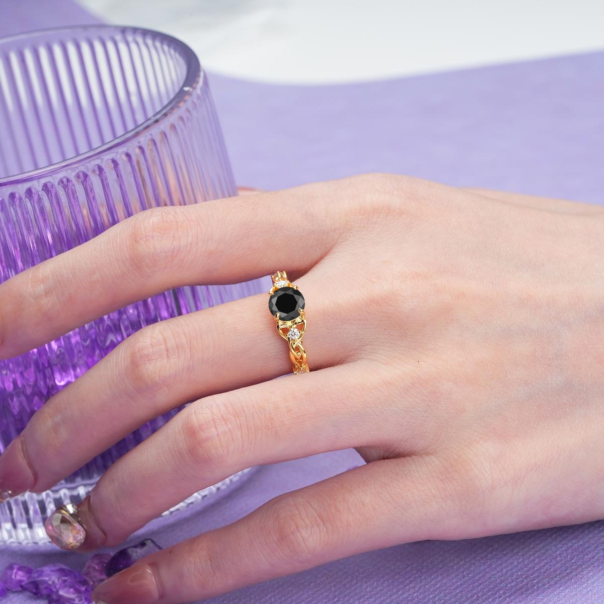 Nature-Inspired Luxury: Openwork 4-Prong Round Cut Black Onyx Engagement Ring