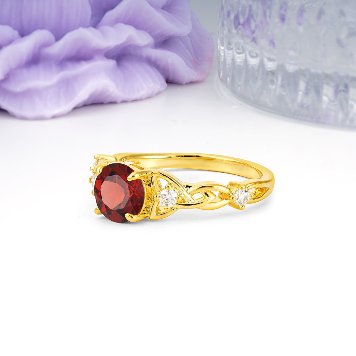 Nature-Inspired Luxury: Openwork 4-Prong Round Cut Garnet Engagement Ring - Additional view