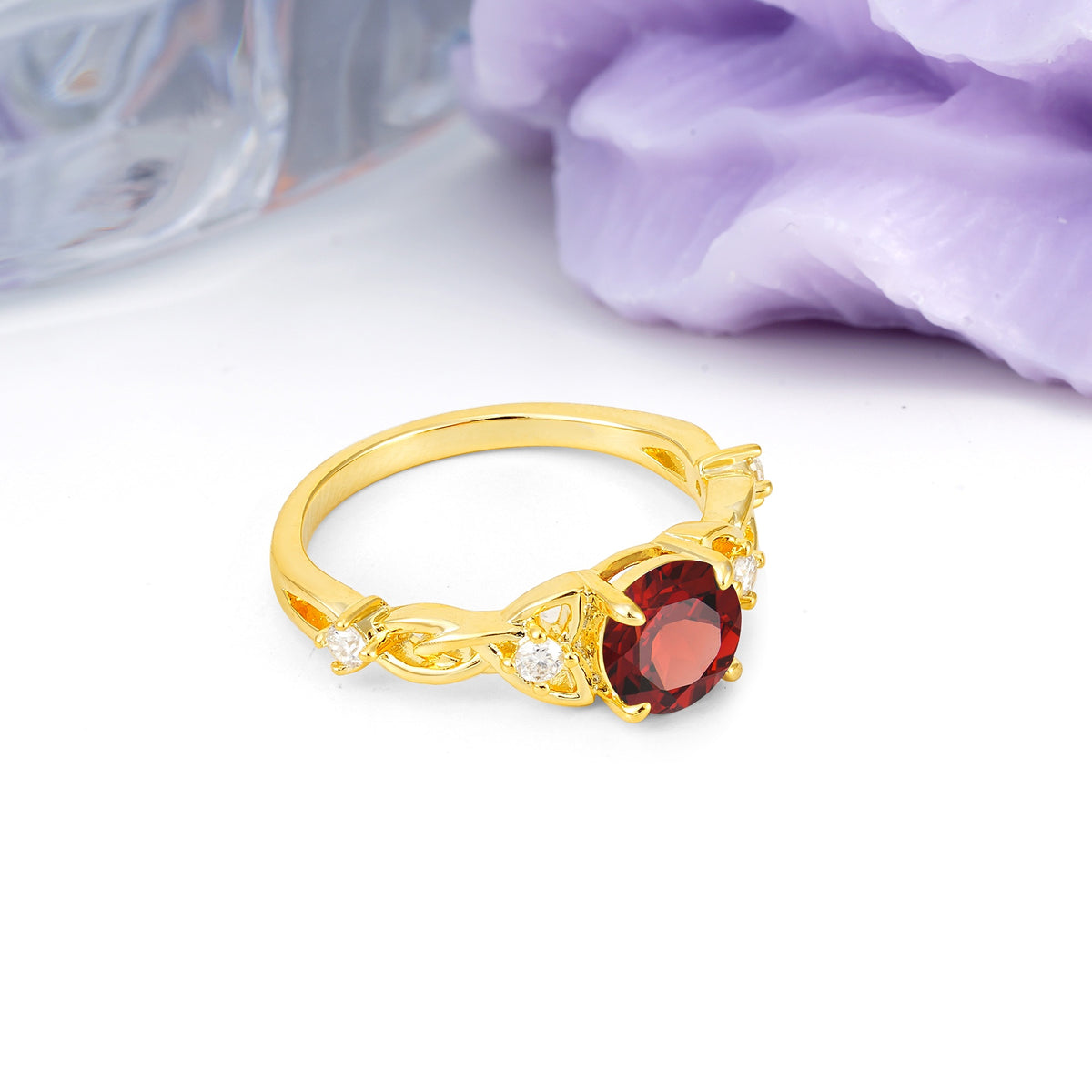Nature-Inspired Luxury: Openwork 4-Prong Round Cut Garnet Engagement Ring - Additional view