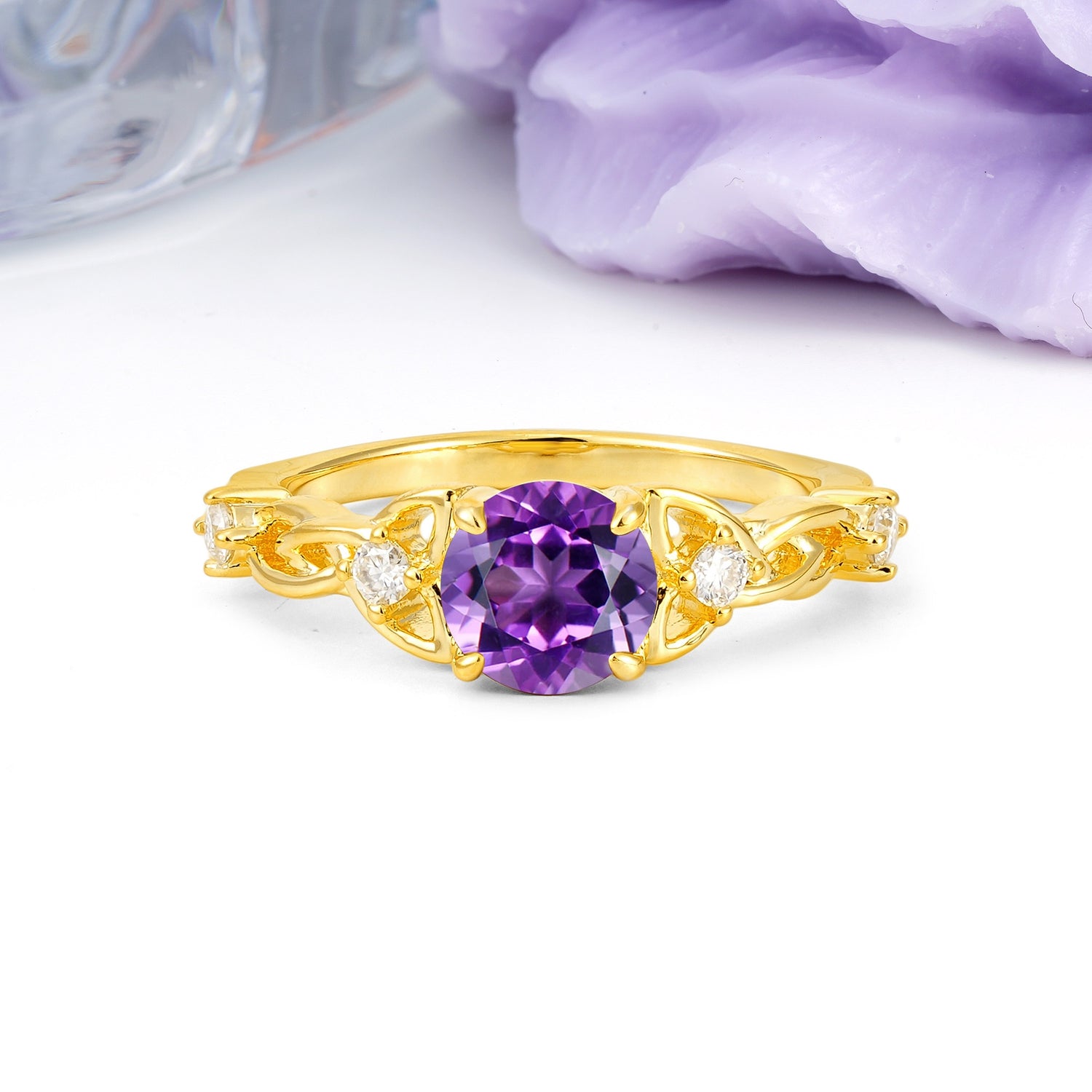 Nature-Inspired Luxury: Openwork 4-Prong Round Cut Amethyst Engagement Ring - Additional view