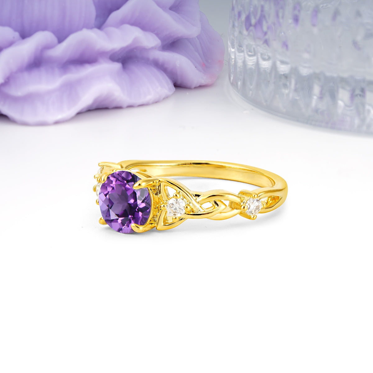 Nature-Inspired Luxury: Openwork 4-Prong Round Cut Amethyst Engagement Ring - Additional view