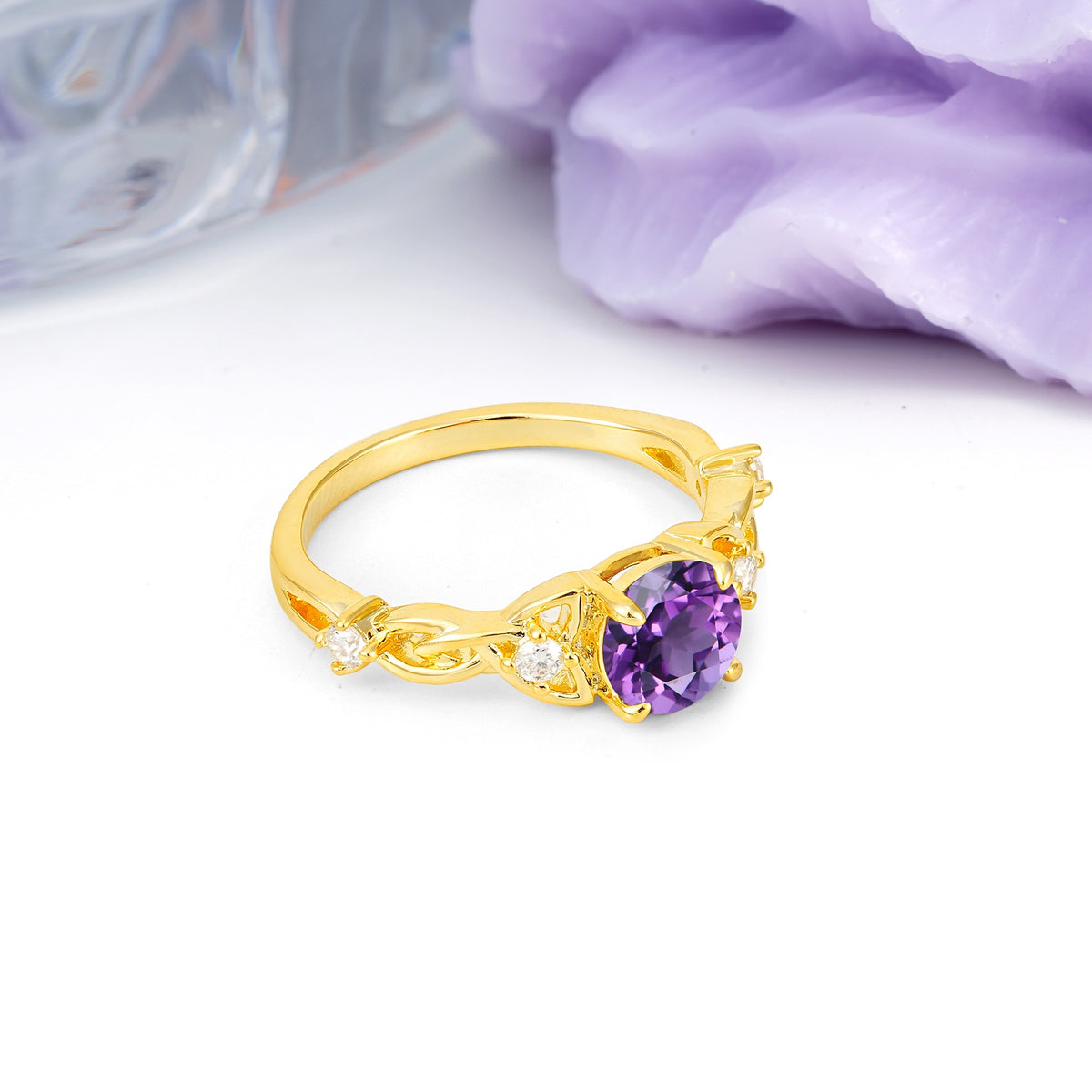 Nature-Inspired Luxury: Openwork 4-Prong Round Cut Amethyst Engagement Ring - Additional view