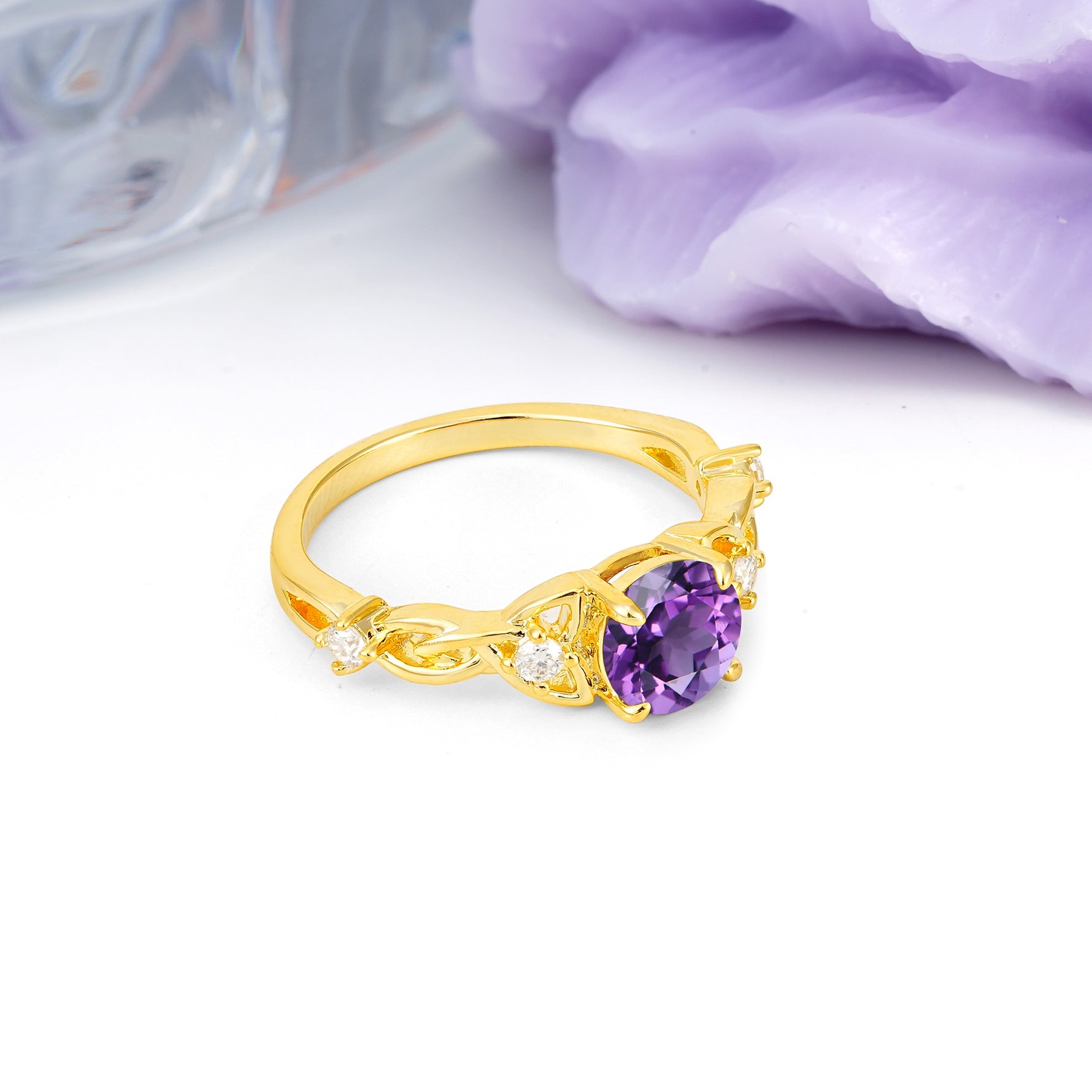 Nature-Inspired Luxury: Openwork 4-Prong Round Cut Amethyst Engagement Ring - Additional view