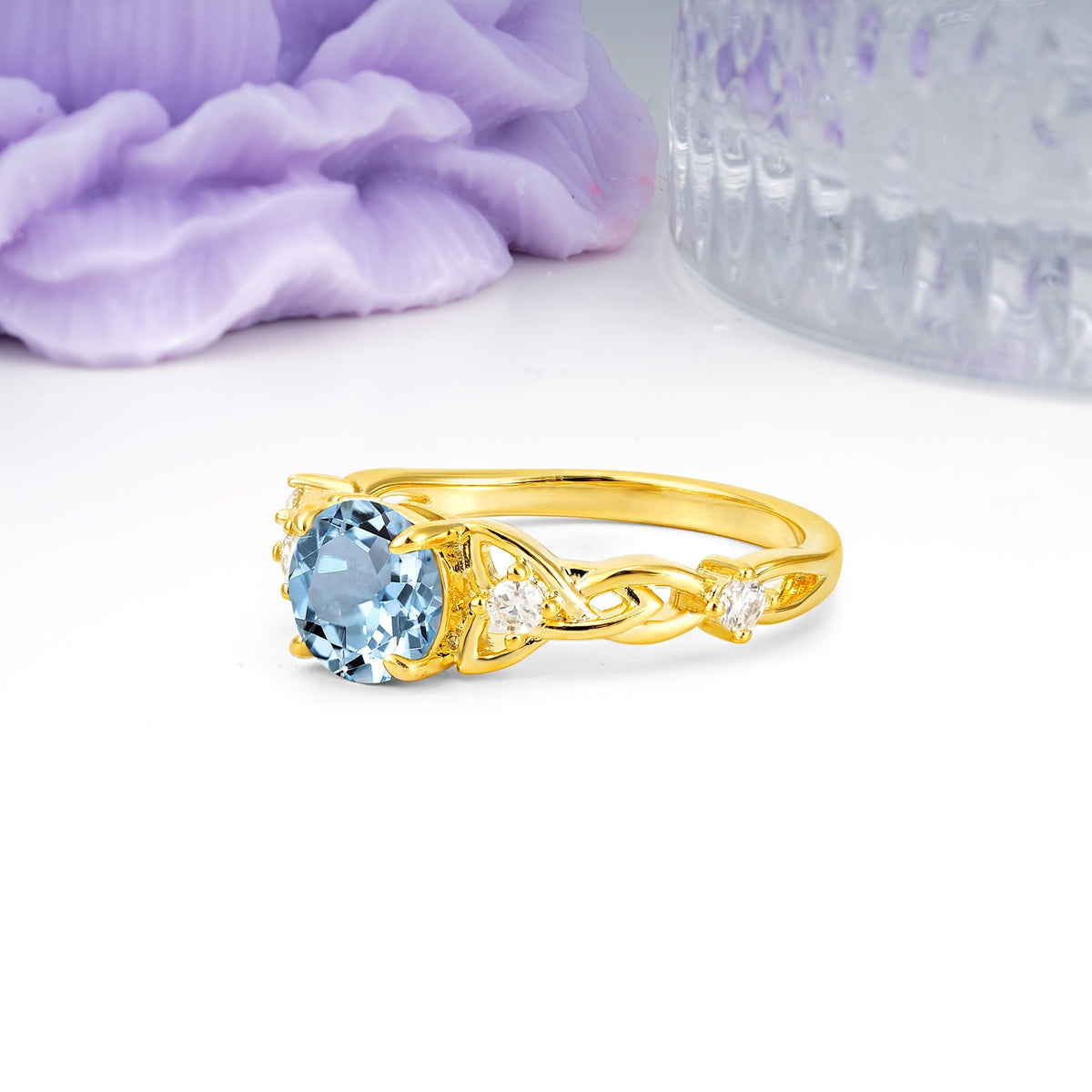 Nature-Inspired Luxury: Openwork 4-Prong Round Cut Aquamarine Engagement Ring - Additional view