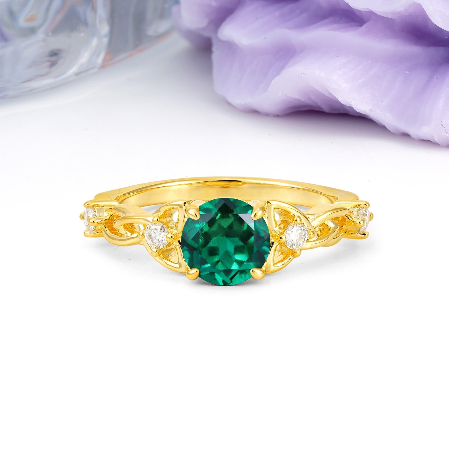 Nature-Inspired Luxury: Openwork 4-Prong Round Cut Emerald Engagement Ring - Additional view