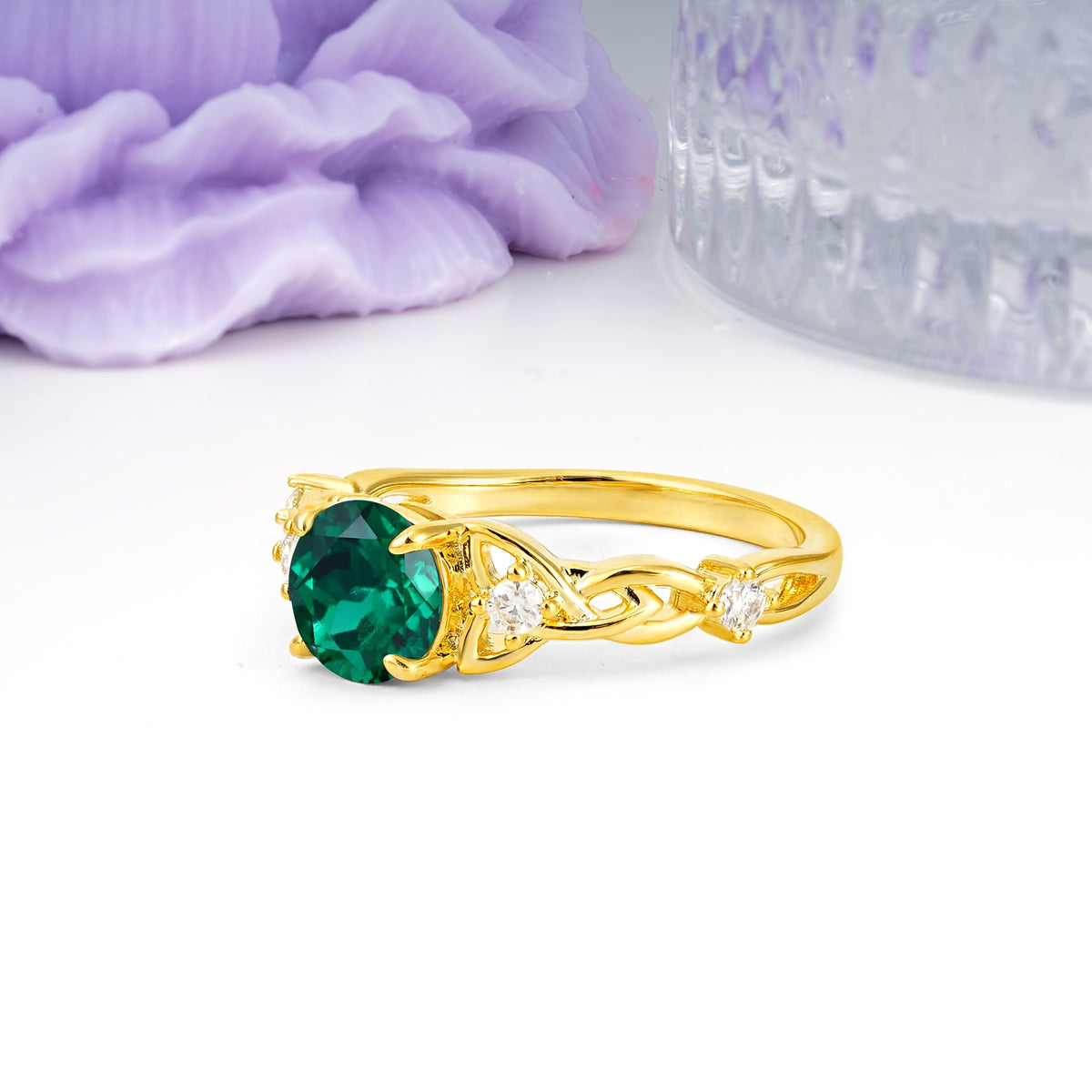Nature-Inspired Luxury: Openwork 4-Prong Round Cut Emerald Engagement Ring - Additional view