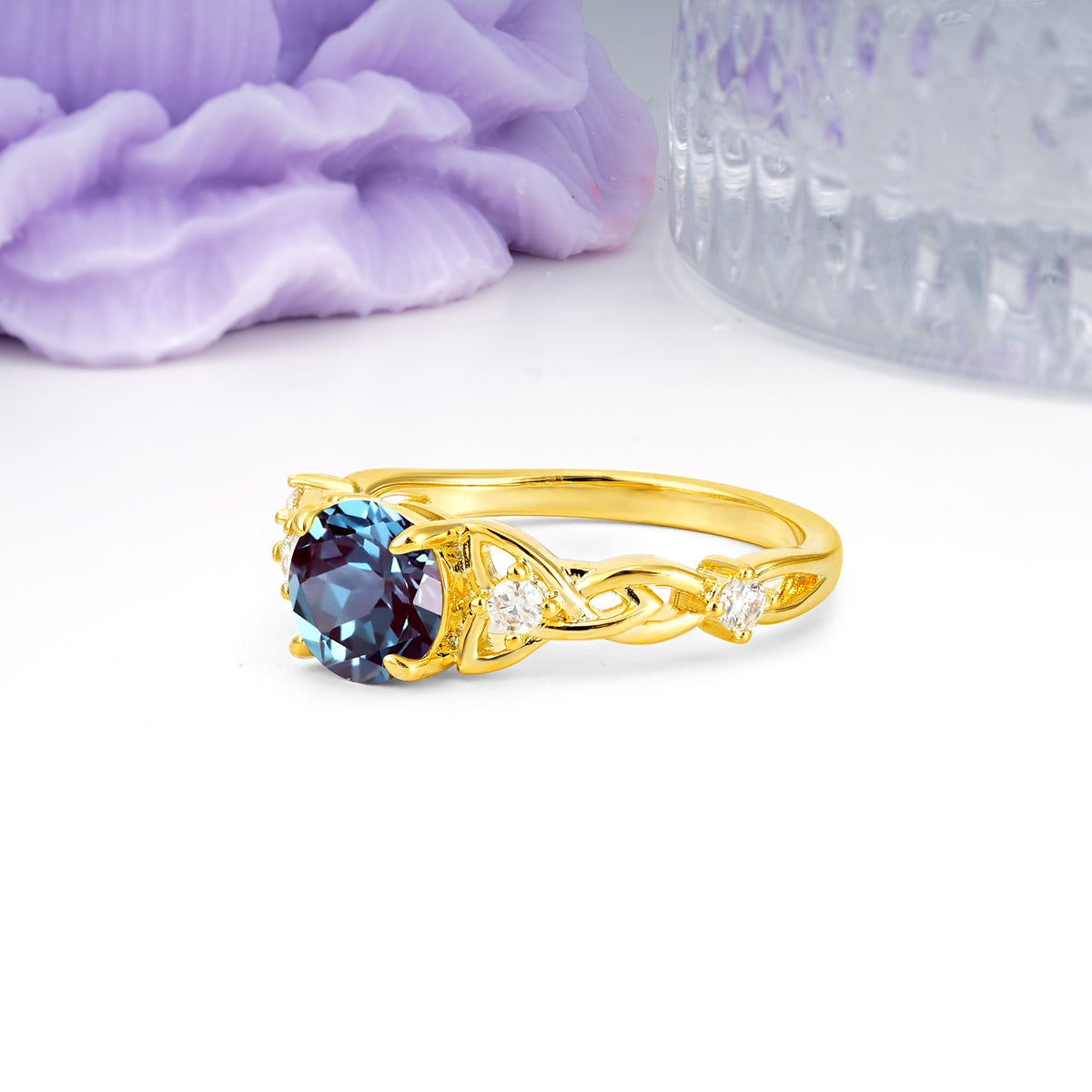 Nature-Inspired Luxury: Openwork 4-Prong Round Cut Alexandrite Engagement Ring - Additional view