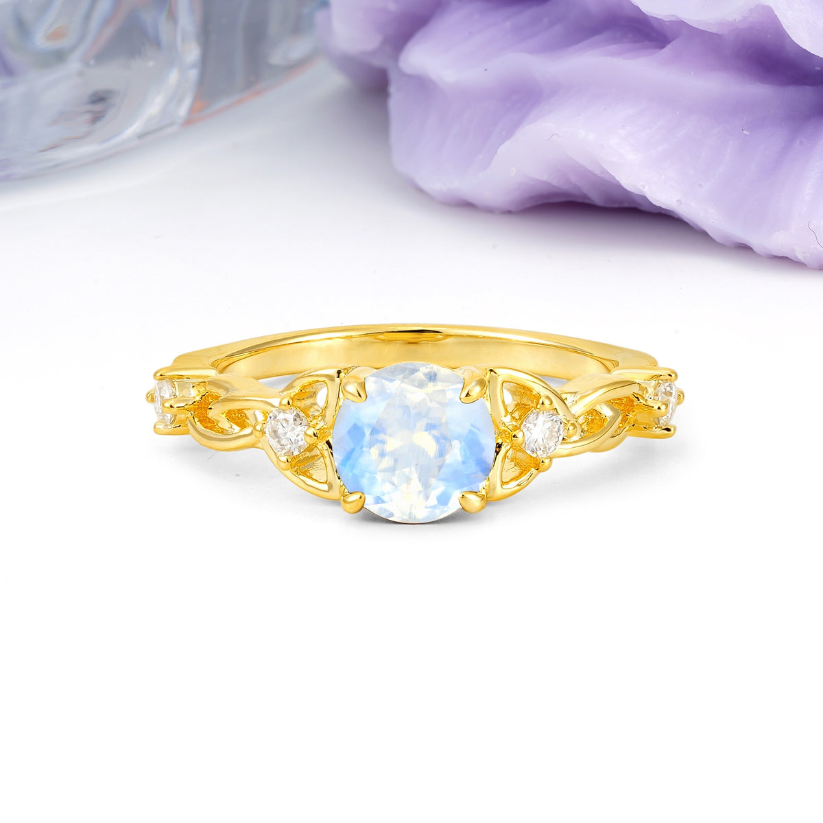 Nature-Inspired Luxury: Openwork 4-Prong Round Cut Moonstone Engagement Ring - Additional view