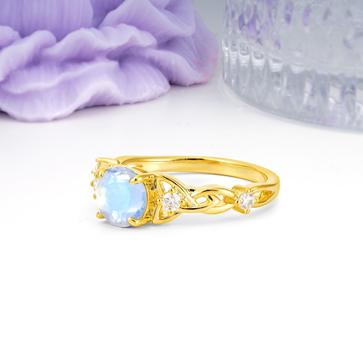Nature-Inspired Luxury: Openwork 4-Prong Round Cut Moonstone Engagement Ring - Additional view