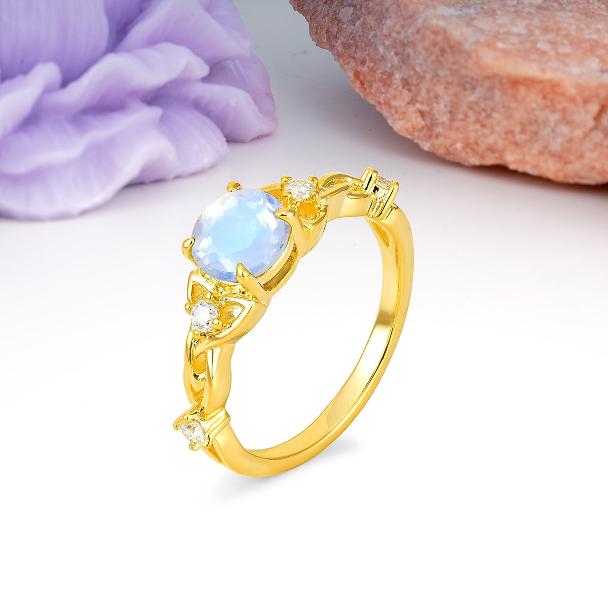 Nature-Inspired Luxury: Openwork 4-Prong Round Cut Moonstone Engagement Ring - Additional view