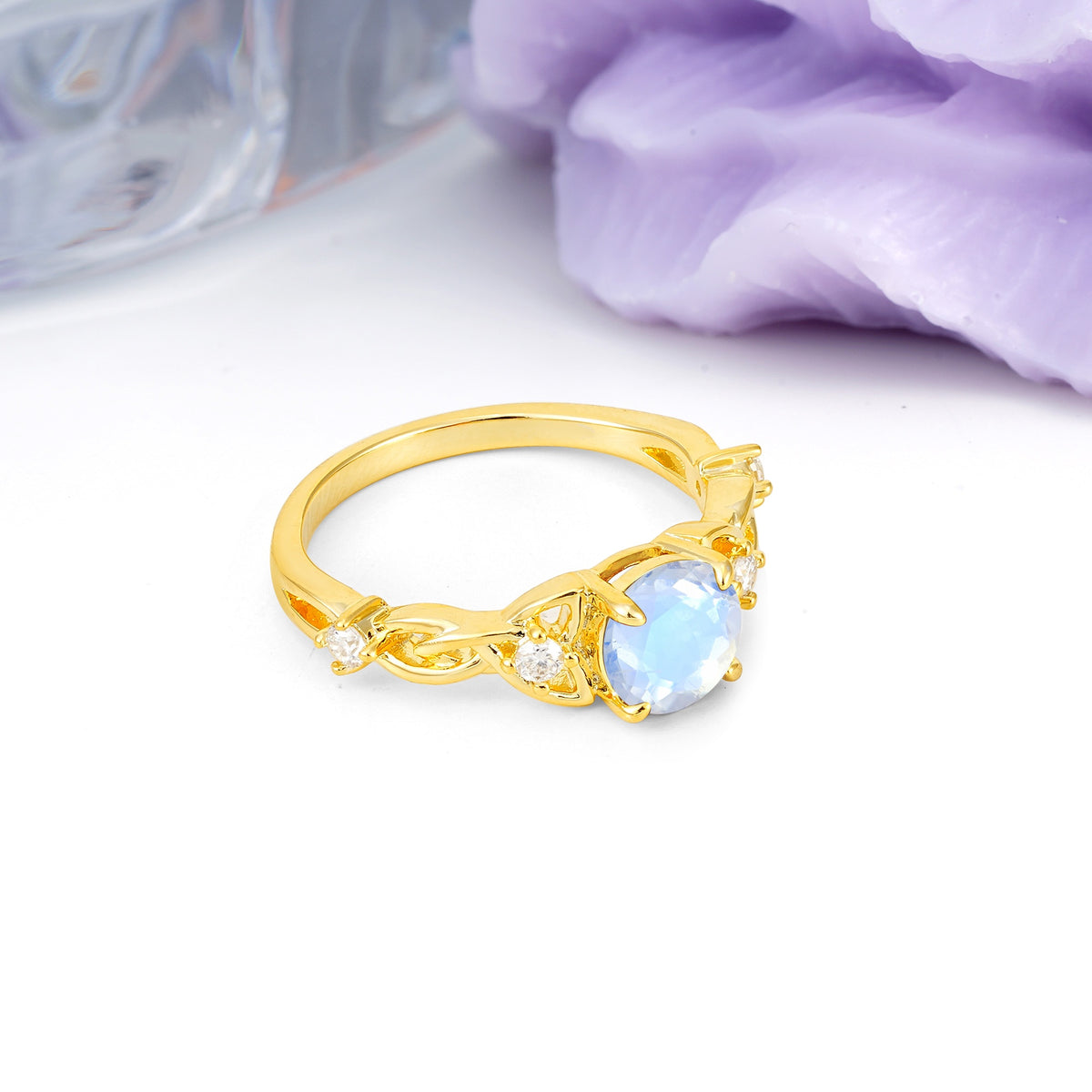 Nature-Inspired Luxury: Openwork 4-Prong Round Cut Moonstone Engagement Ring - Additional view