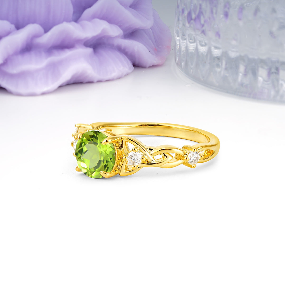 Nature-Inspired Luxury: Openwork 4-Prong Round Cut Peridot Engagement Ring - Additional view