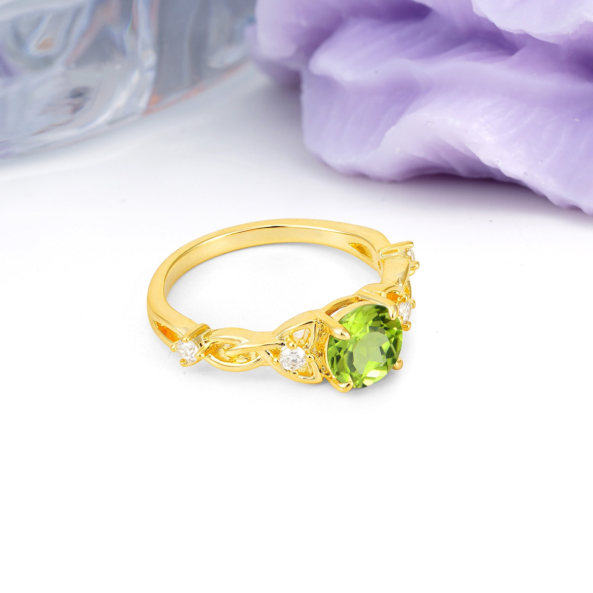 Nature-Inspired Luxury: Openwork 4-Prong Round Cut Peridot Engagement Ring - Additional view