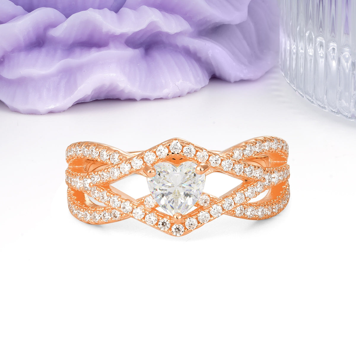 Unique Pavé Setting Surrounding a 3-Prong, Heart-Cut Moissanite Engagement Ring - Additional view
