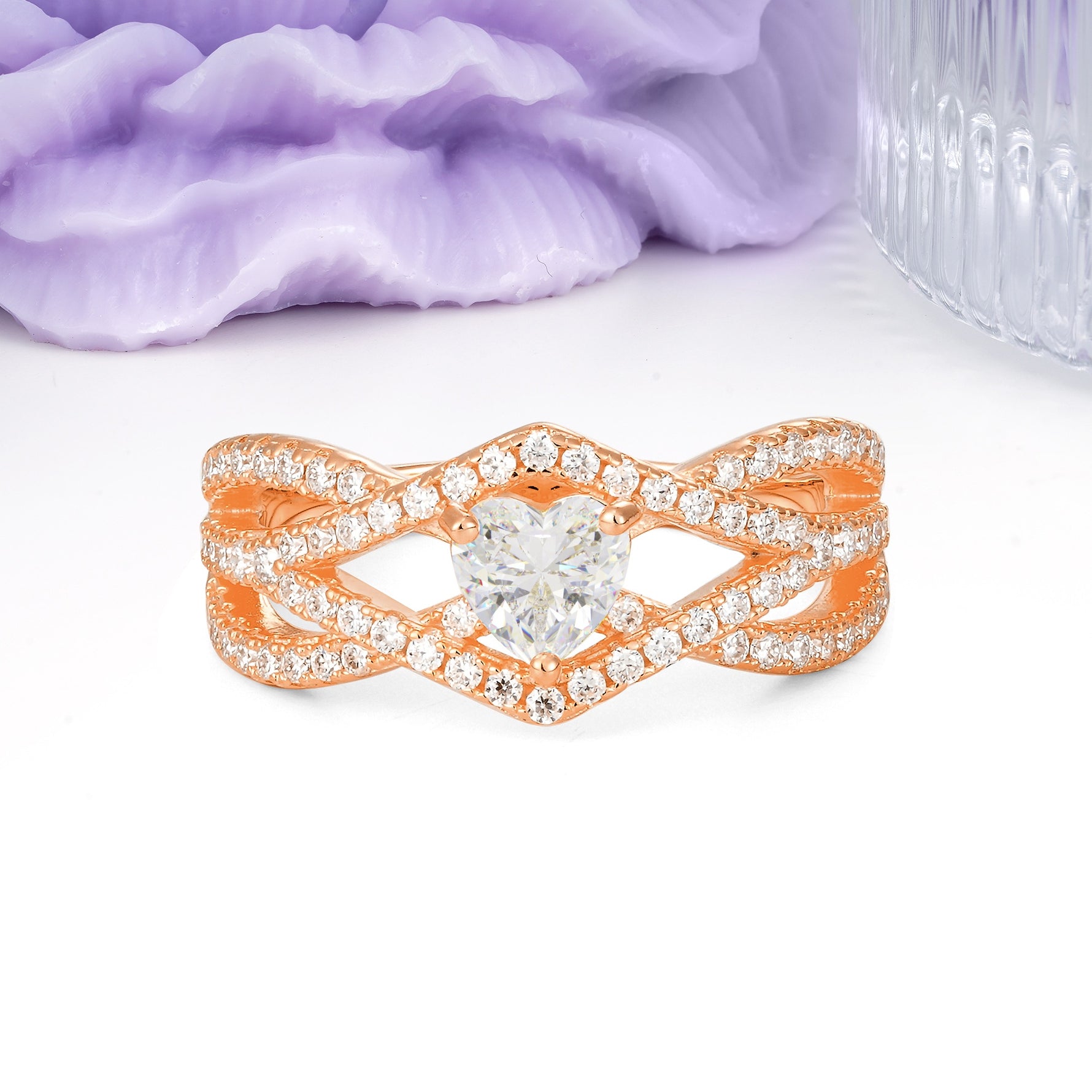 Unique Pavé Setting Surrounding a 3-Prong, Heart-Cut Moissanite Engagement Ring - Additional view