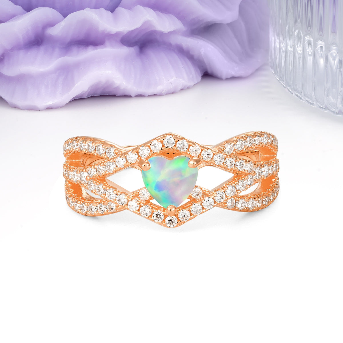 Unique Pavé Setting Surrounding a 3-Prong, Heart-Cut Fire Opal Engagement Ring - Additional view
