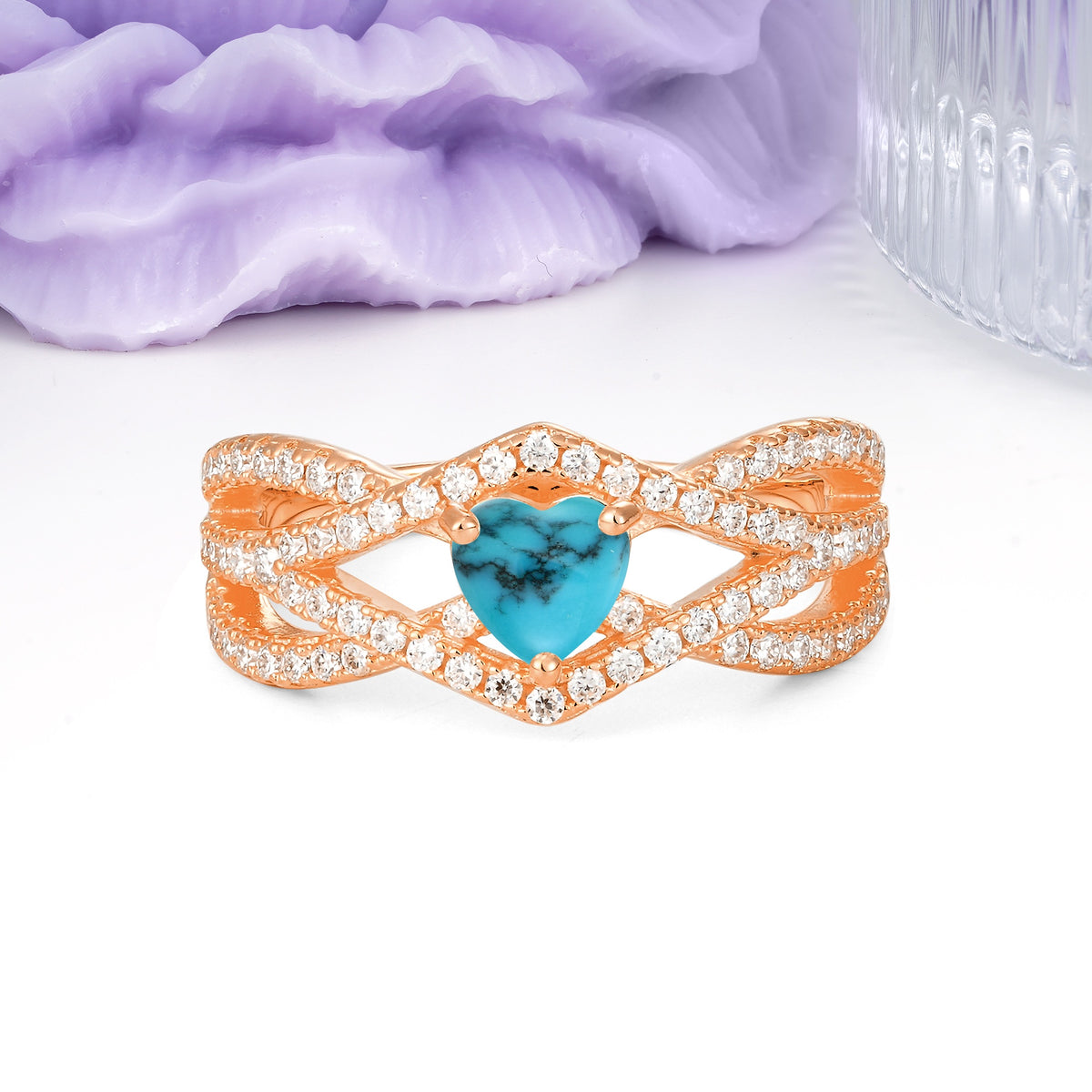 Unique Pavé Setting Surrounding a 3-Prong, Heart-Cut Turquoise Engagement Ring - Additional view